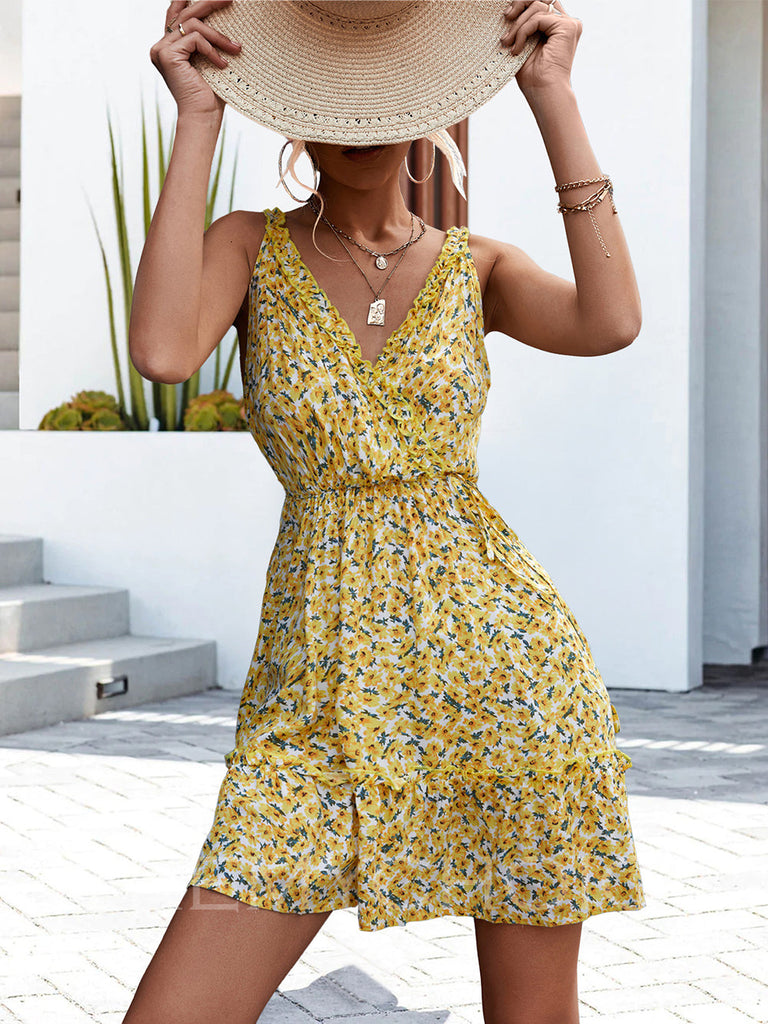 Women Sexy V-neck Ruffles Sun Dress