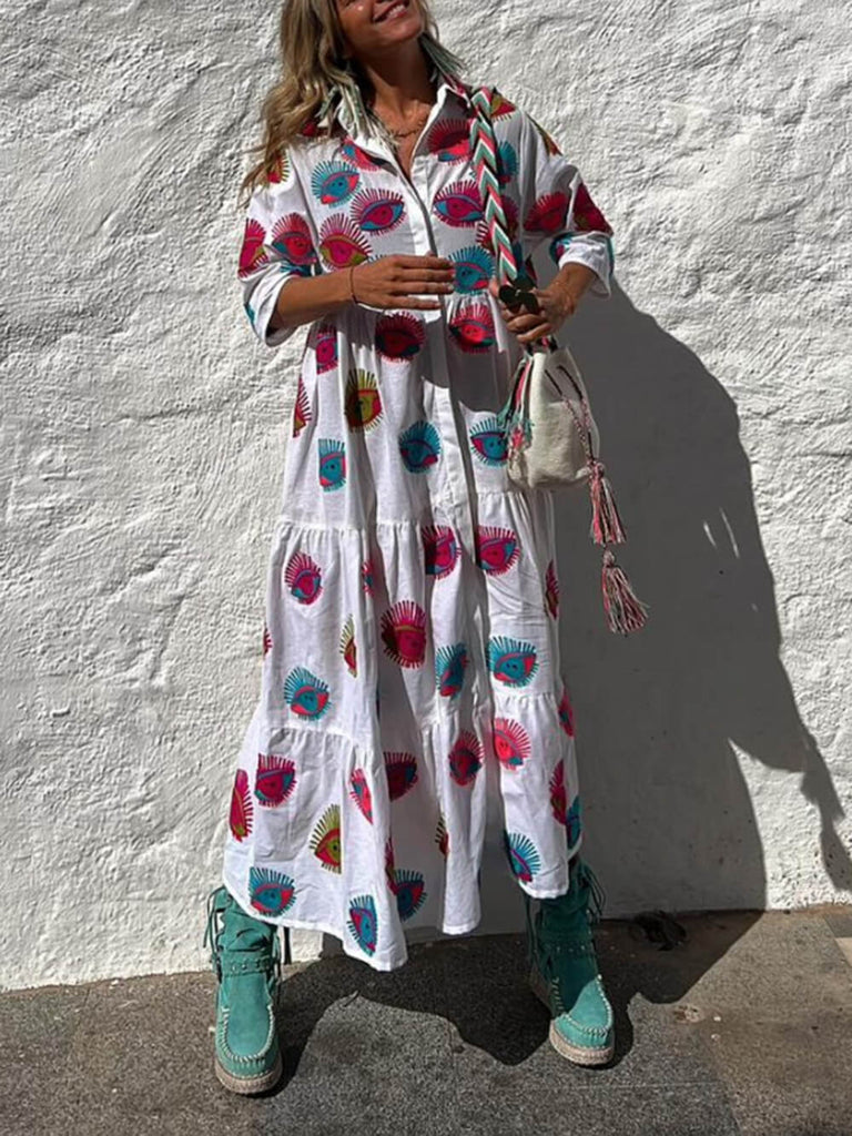 Ethnic Unique Print Button Loose Shirt Midi Dress