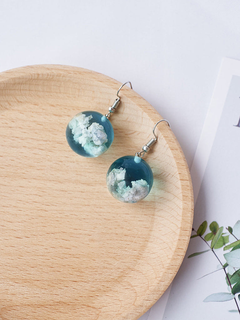 Blue Sky Sphere Dangle Earrings Terrarium Clear Cloudy Sky Designer Earrings