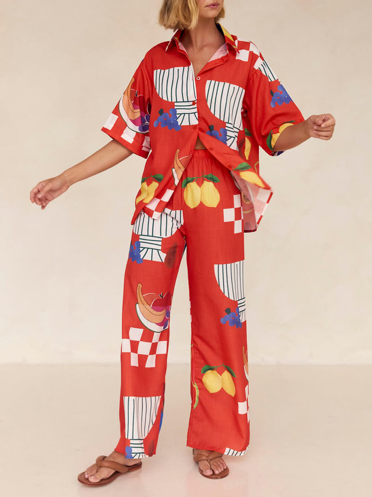 Ensemble chemise ample et pantalon à jambe large avec imprimé fruit unique pour les vacances