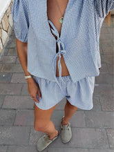 Load image into Gallery viewer, Plaid Front Lace-up Puff Sleeve Top and Elastic Waist Shorts Set