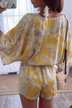 Indlæs billede til gallerivisning Kimono V Neck Leaf Print Wrapped Batwing Romper In Yellow