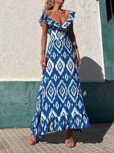 Carregar imagem no visualizador da galeria, Ethnic Print Smocked Bust Ruffle Neck Maxi Dress