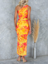 Load image into Gallery viewer, Mesh Overlay Printed One Shoulder Ruched Stretch Maxi Dress