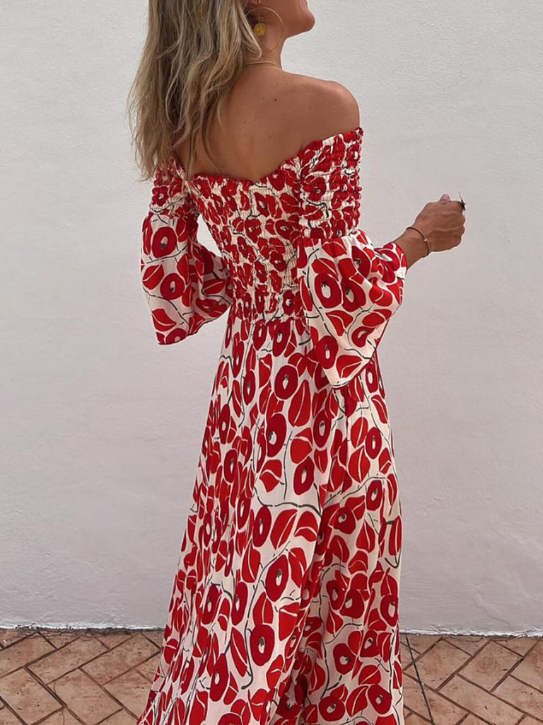 Floral Print Smocked Off Shoulder Pocketed Maxi Dress