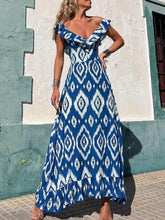 Lataa kuva Galleria-katseluun, Ethnic Print Smocked Bust Ruffle Neck Maxi Dress