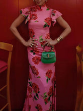 Load image into Gallery viewer, Cheongsam Rose Floral Print Tiered Flare Sleeve Stretch Maxi Dress