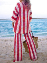 Load image into Gallery viewer, Fashion Loose V-Neck Hollow Out Striped Shirt Wide Leg Pants Set