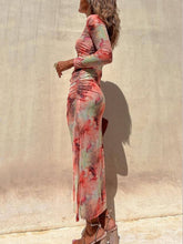 Load image into Gallery viewer, Charm Lady Mesh Overlay Tie Dye Print Long Sleeve Ruched Stretch Midi Dress