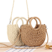 Load image into Gallery viewer, Vintage Coin Buckle Handbag: Woven Cotton Rope with Round Rattan Handle and Diamond Hollow Pattern
