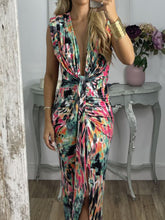 Load image into Gallery viewer, Tie-Dye Deep V Ruched Knotted Maxi Dress