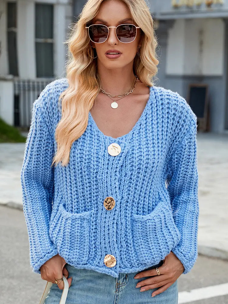 V-Neck Button-Up Knit Cardigan