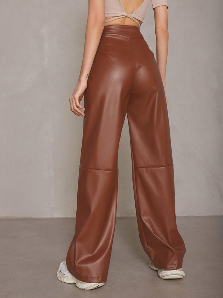 Casual High Waist PU Wide Leg Pants