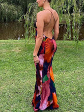 Carregar imagem no visualizador da galeria, Sexy Deep V Lace Patchwork Printed Auspender Maxi Dress