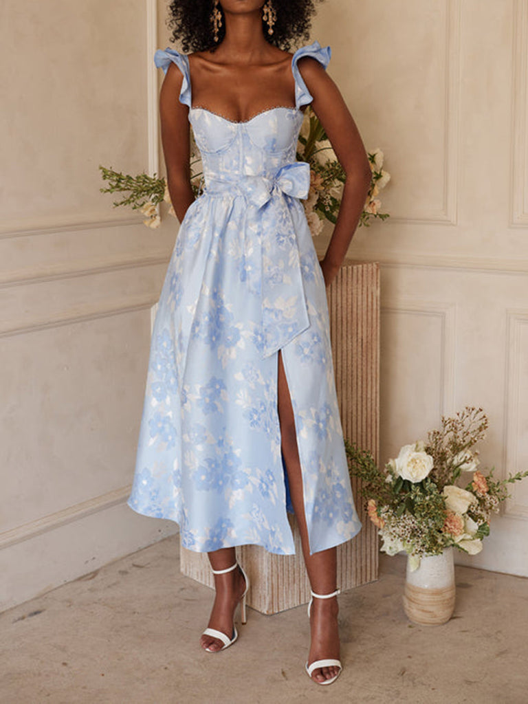 Robe imprimée à manches papillon et ceinture nouée à la taille