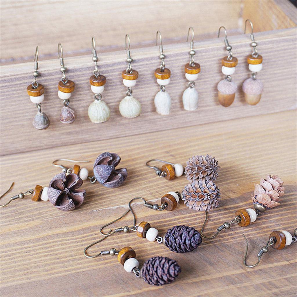 Boucles d'oreilles rétro en bois massif et fruits séchés faites à la main