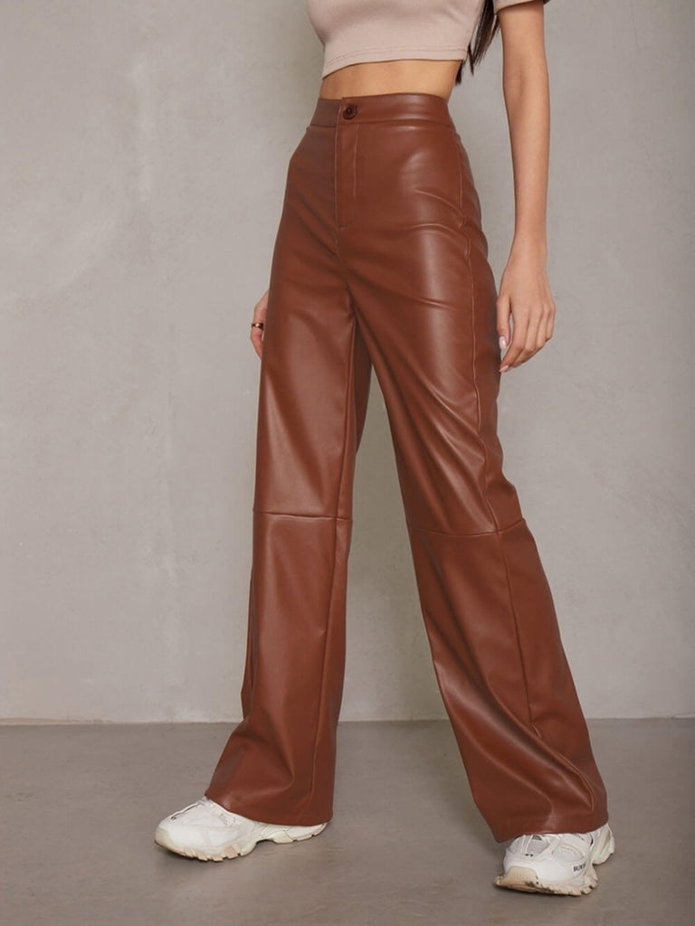 Casual High Waist PU Wide Leg Pants