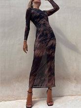 Load image into Gallery viewer, Charm Lady Mesh Overlay Tie Dye Print Long Sleeve Ruched Stretch Midi Dress