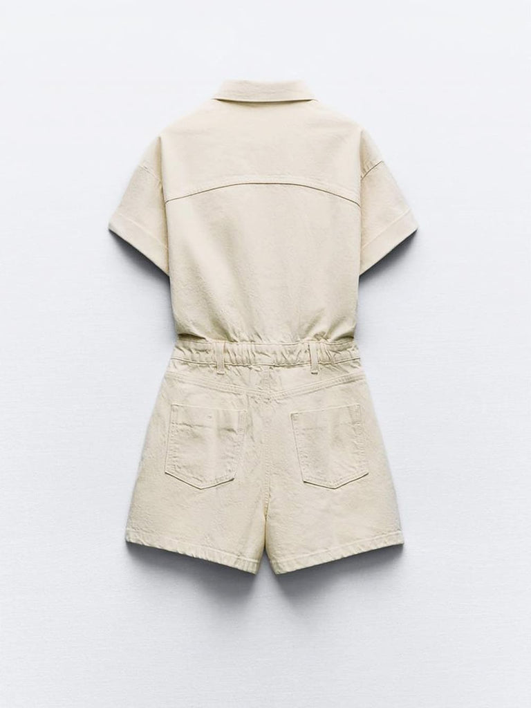 Mini Denim Cuffed-Romper-Beige