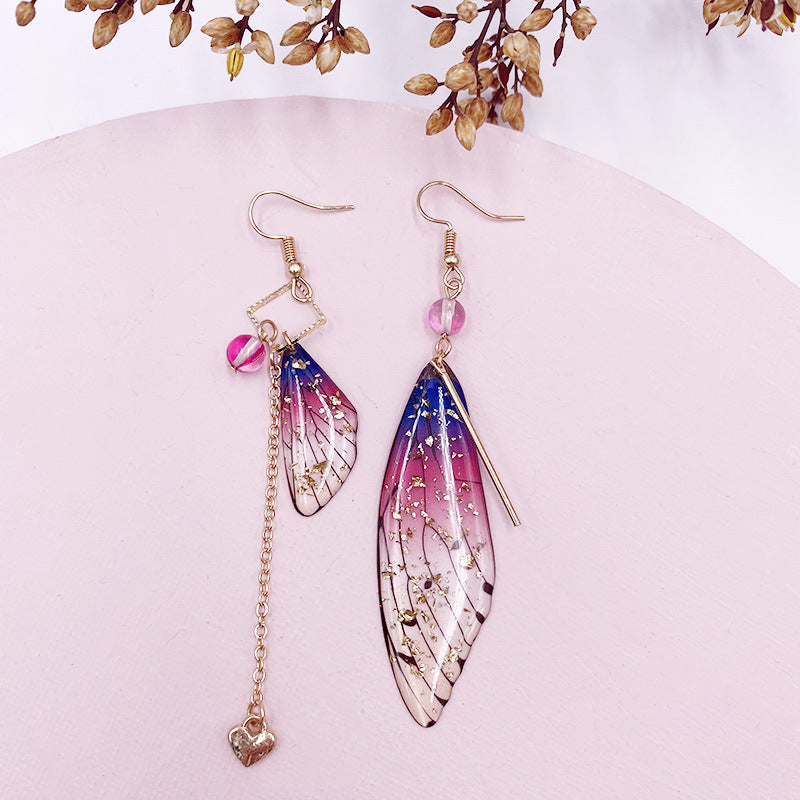 Boucles d'oreilles à pampilles en forme d'aile de cigale en feuille d'or violette et aile de papillon