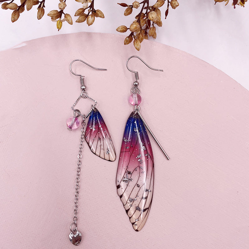 Boucles d'oreilles à pampilles en forme d'aile de cigale en feuille d'or violette et aile de papillon