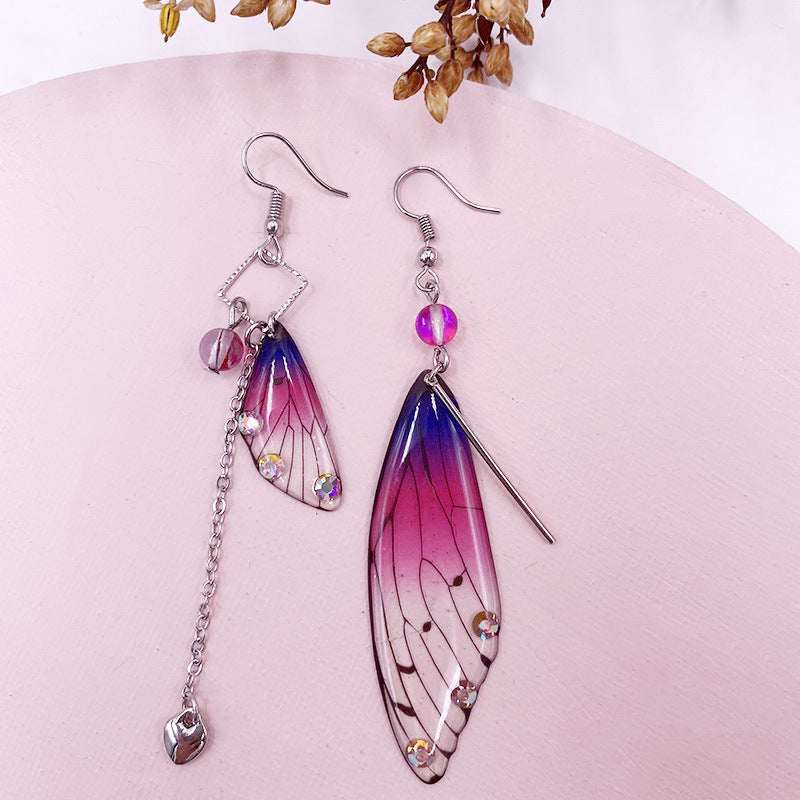 Boucles d'oreilles à pampilles en forme d'aile de cigale en feuille d'or violette et aile de papillon