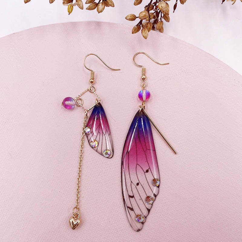 Boucles d'oreilles à pampilles en forme d'aile de cigale en feuille d'or violette et aile de papillon