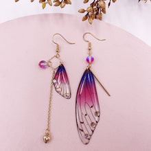 Load image into Gallery viewer, Butterfly Wing Purple Gold Foil Cicada Wing Tassel Earrings