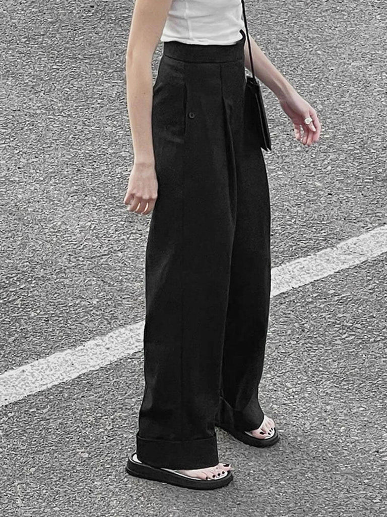 Pantalon large noir à taille haute et longueur au sol