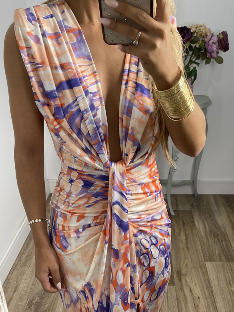 Robe longue nouée à fronces et décolleté plongeant en V Tie-Dye