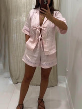 Carregar imagem no visualizador da galeria, Summer Strappy Hollow Short-Sleeved Shirt And Shorts Two-Piece Set