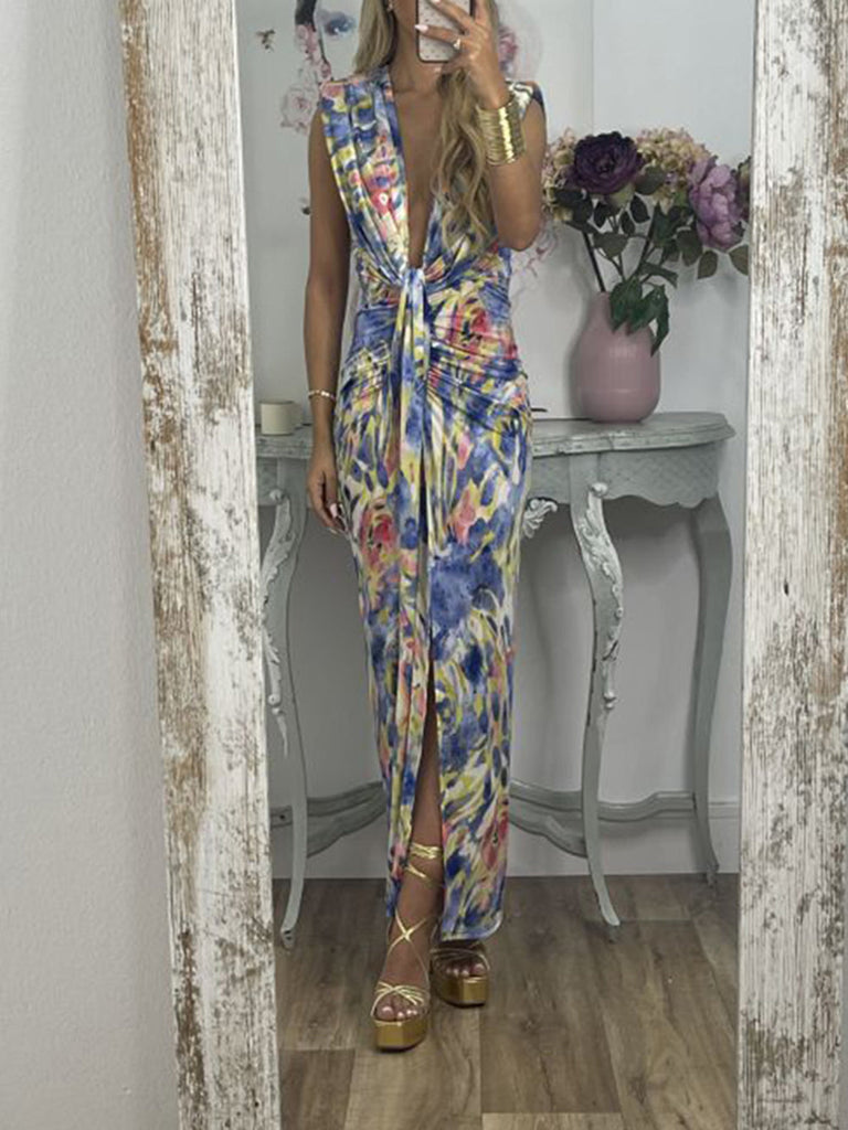 Tie-Dye Deep V Ruched Knotted Maxi Dress