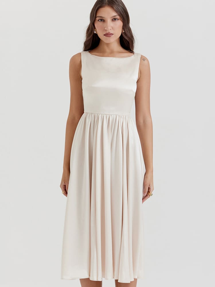 Vintage Low-Waist Midi Dress - Cream Beige