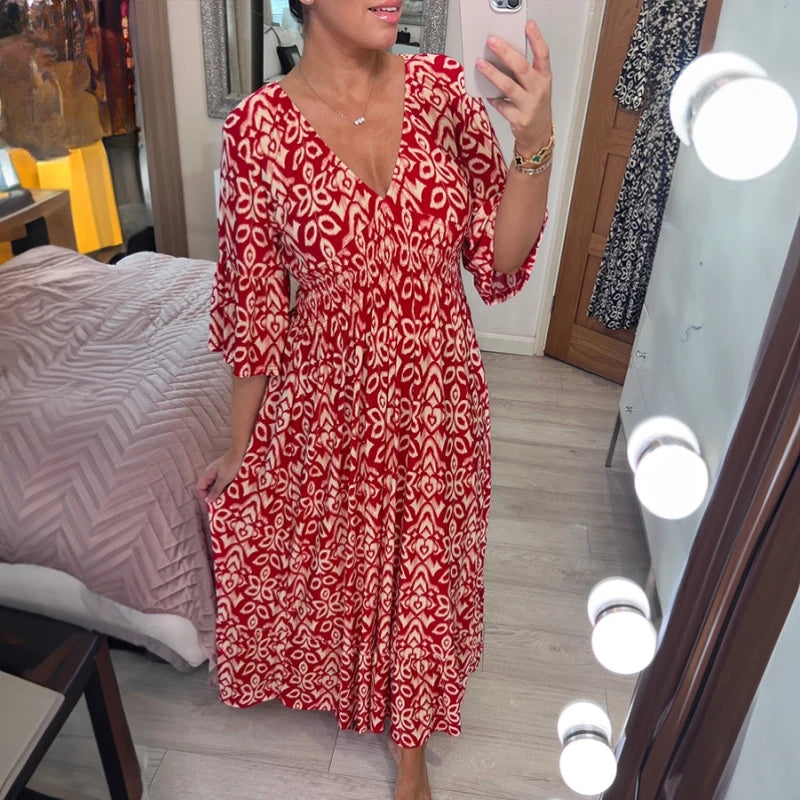 Bohemian Casual Print V-Neck Shirred Waist Long Dress