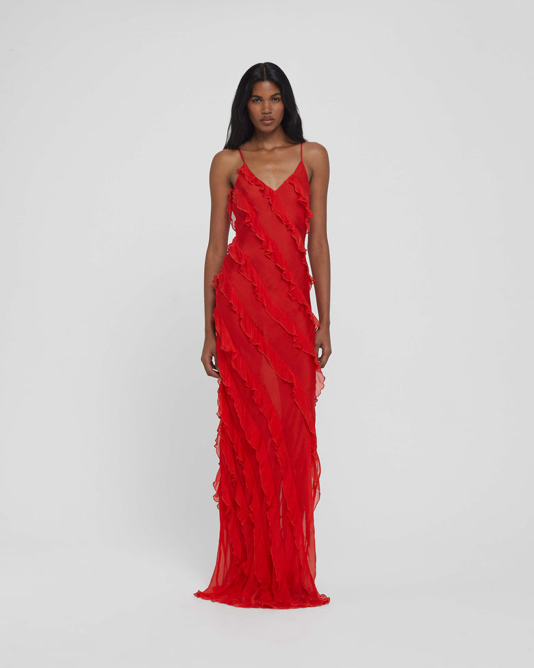 aikergood Bella Chiffon Ruffle Backless Maxi Dress