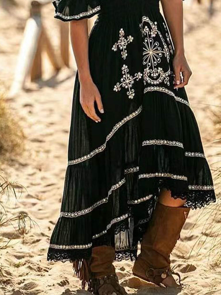 Lace Hem Slim Black Long Dress