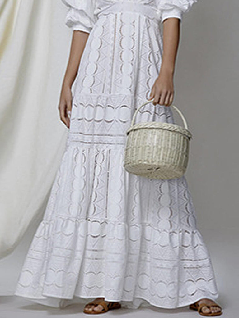 Deep V Puff Sleeve Lace Hollow Long Dress