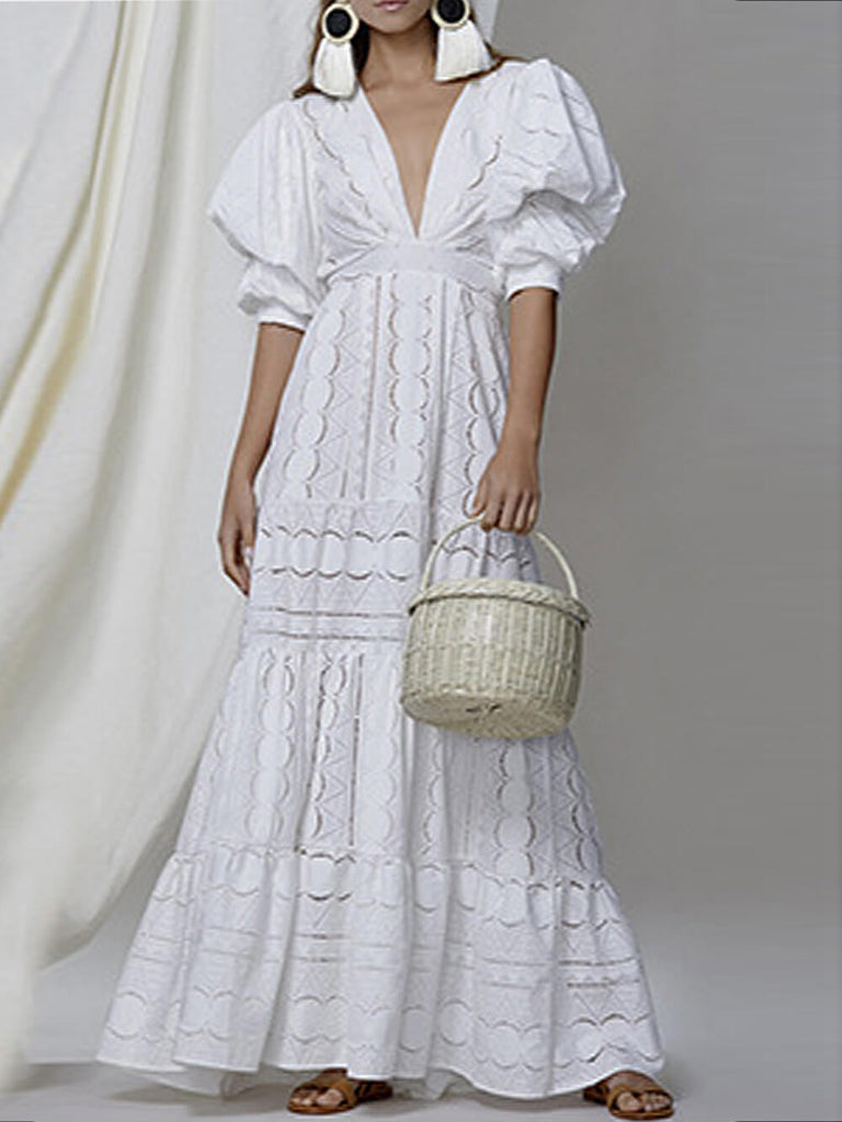 Deep V Puff Sleeve Lace Hollow Long Dress