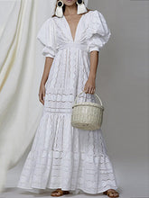 Load image into Gallery viewer, Deep V Puff Sleeve Lace Hollow Long Dress