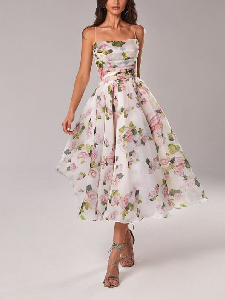 Strapless Sleeveless Printed Swing Midi Dress
