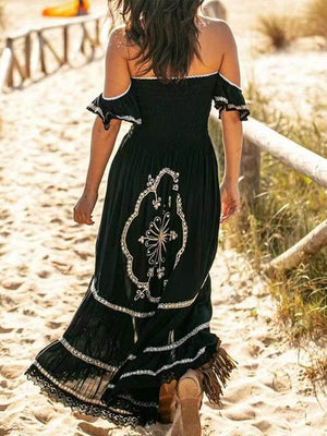 Lace Hem Slim Black Long Dress