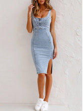 Load image into Gallery viewer, Adjustable Straps U Neck Slit Denim Bodycon Cami Dress