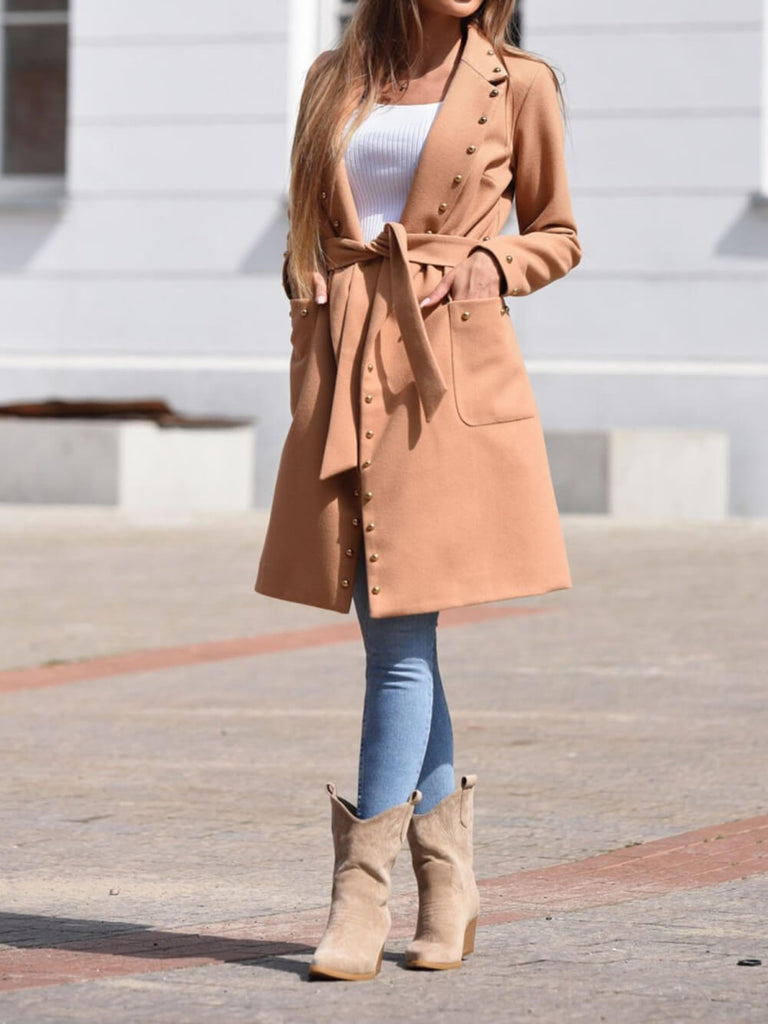 Rivet Long Sleeve Lapel Button Wool Jacket