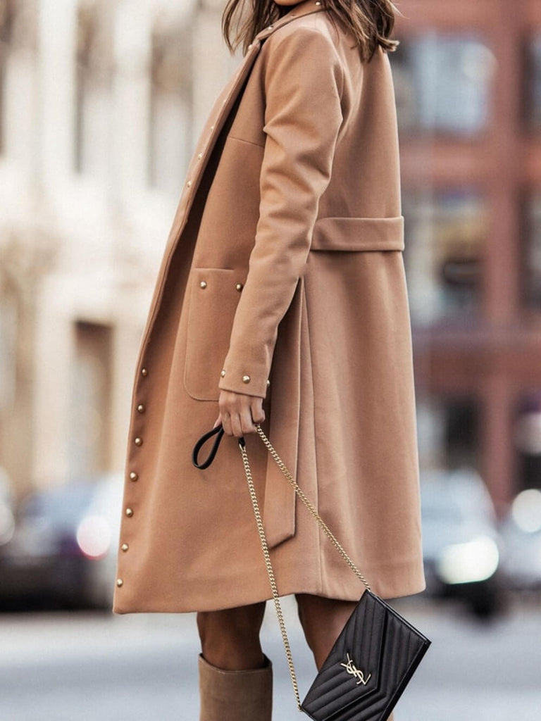 Rivet Long Sleeve Lapel Button Wool Jacket