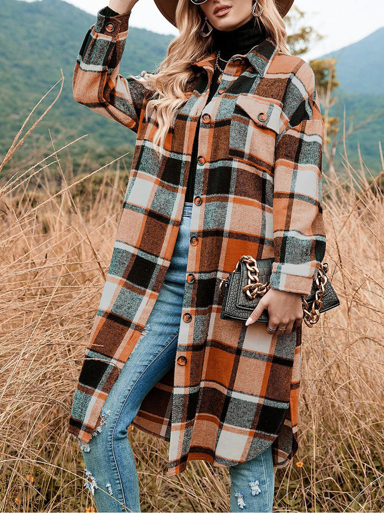 Lapel Collar Loose Woolen Plaid Coat