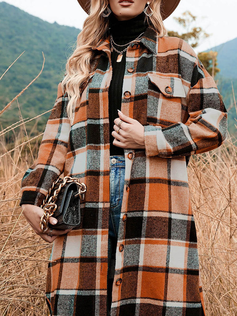 Lapel Collar Loose Woolen Plaid Coat