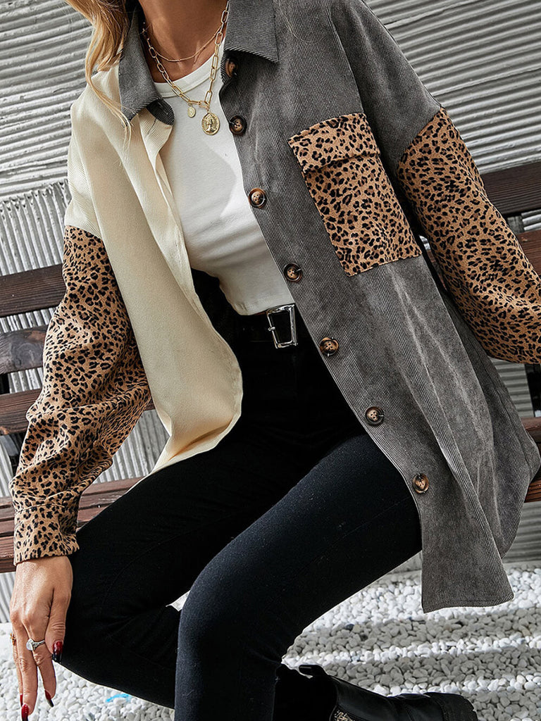 Gray Leopard Patch Corduroy Jacket