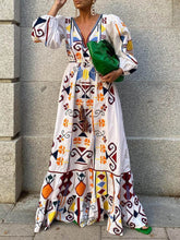 Load image into Gallery viewer, Holiday Style Lantern Sleeve Printed Long Dress