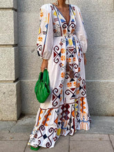 Load image into Gallery viewer, Holiday Style Lantern Sleeve Printed Long Dress