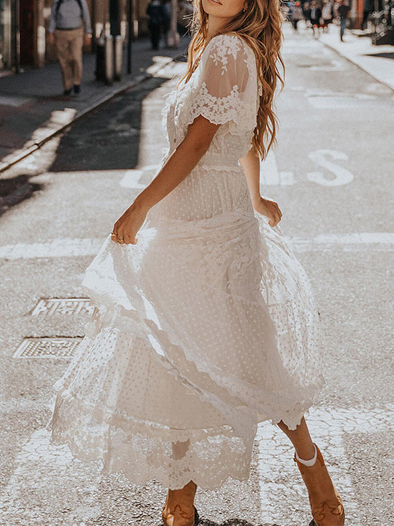 V-neck short-sleeve lace midi dress